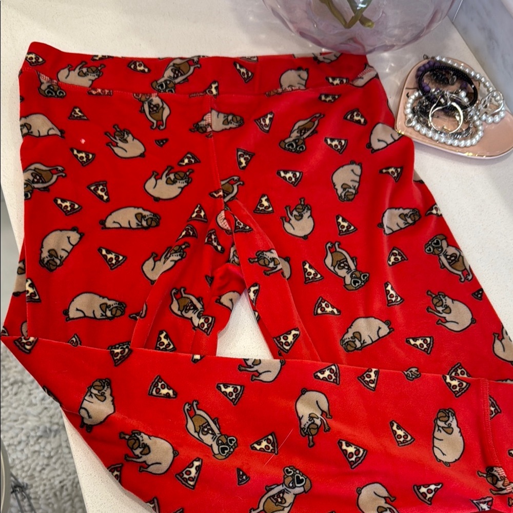 Cozy Red Leggings with Whimsical pug Design